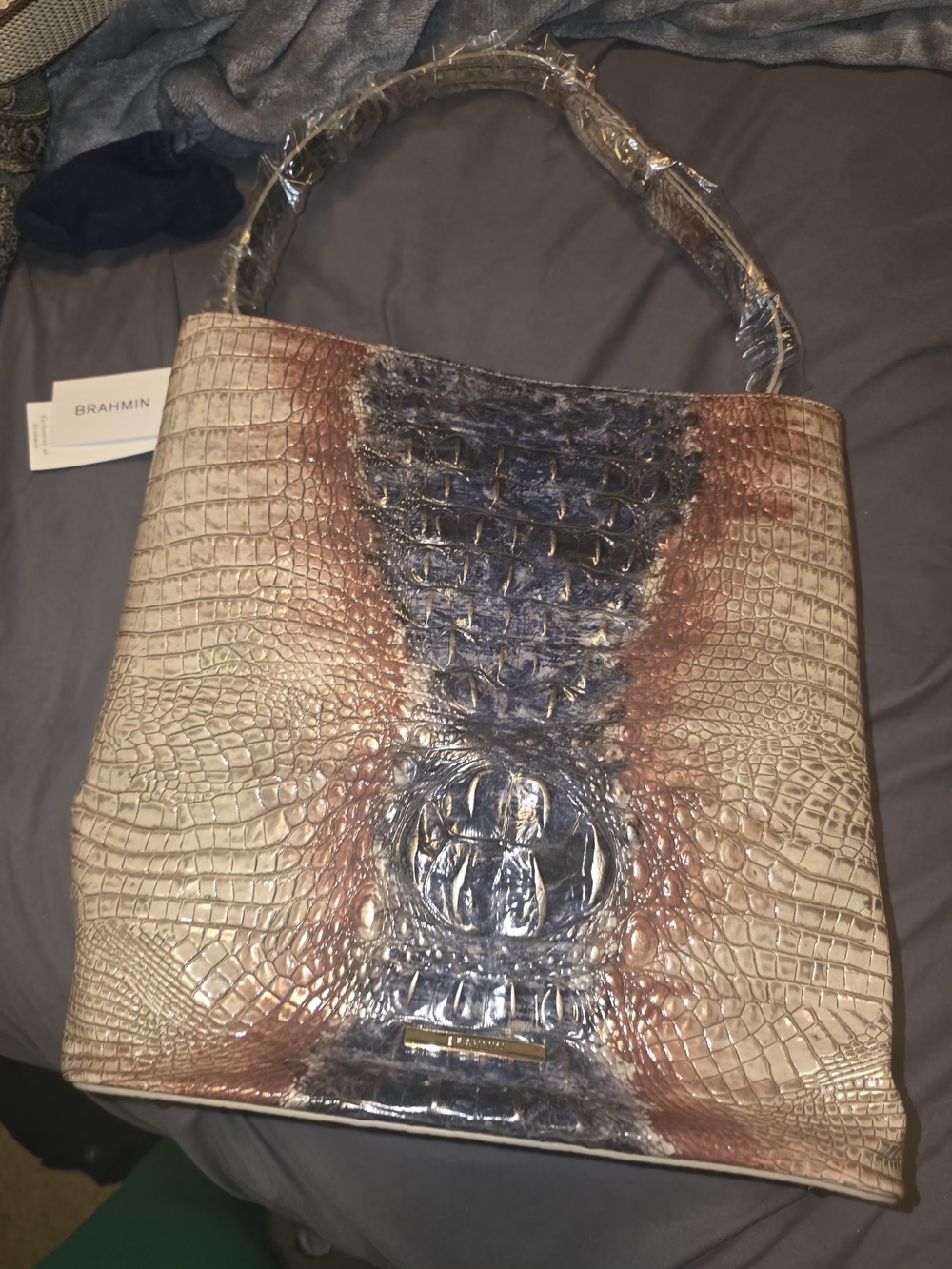 Brahmin Cream, Brown & Navy Croc-Embossed Shoulder Bag